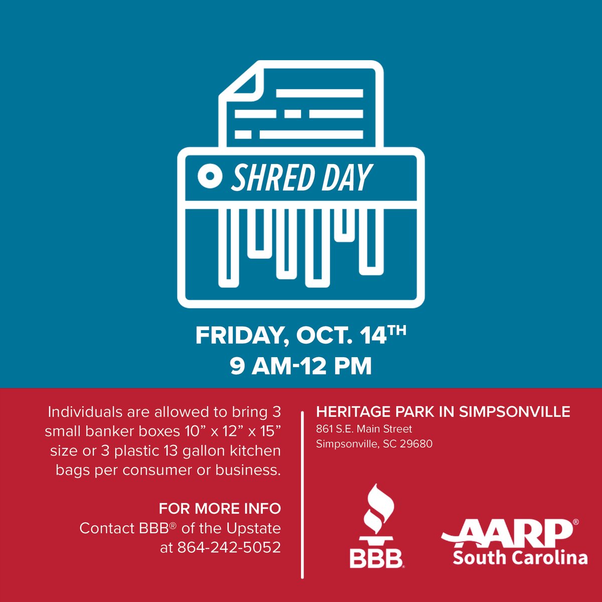 BBBUpstateSC's tweet photo. HAPPENING NOW🗃️Our final shred day of the season is in Simpsonville! So, clean those files and bring them to this FREE community event.
👉More info at https://t.co/klcTXr2DTL
#ShredDay #SecureYourID #BBBevent @Shred360 @AARPSC https://t.co/WF7HhfQ4mu