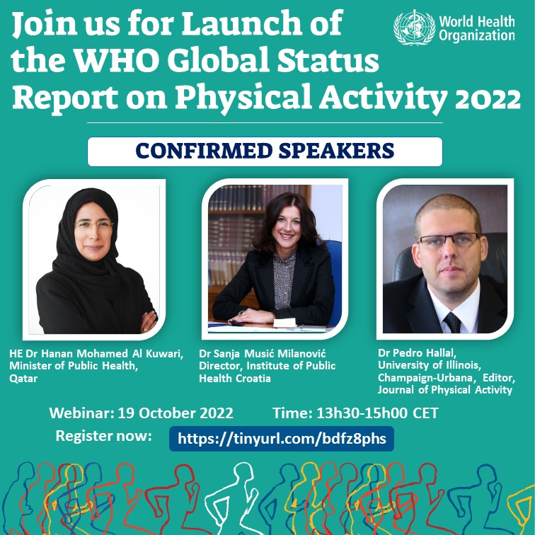 fiona_bull's tweet photo. We have 8 years to achieve the global target of 15% ⬆️in physical activity. Join us to hear our panel discuss progress, challenges &amp; opportunities
Register ➡️ https://t.co/PqFrUiZrwE  
@MOPHQatar #GSR2022 #ŽivjetiZdravo @DrSanja_MM @PedroHallal #uiuc #JPAHjournal  @WHO @ISPAH https://t.co/06gmWumm8H