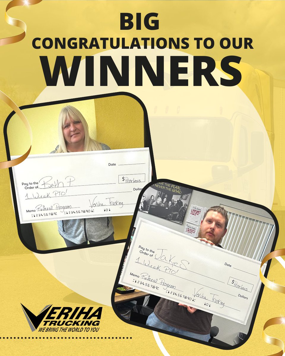 VerihaTrucking's tweet photo. BIG congratulations BETH and JAKE ππ
They are the happy winners of a week of free PTO for referrals. π
Join us to congratulate them below! π π
#Verihatrucking #Verihavip #Teamwork #Referrals #Winners #trucking #cdljobs #Congratulations https://t.co/UGSJ4oboPt