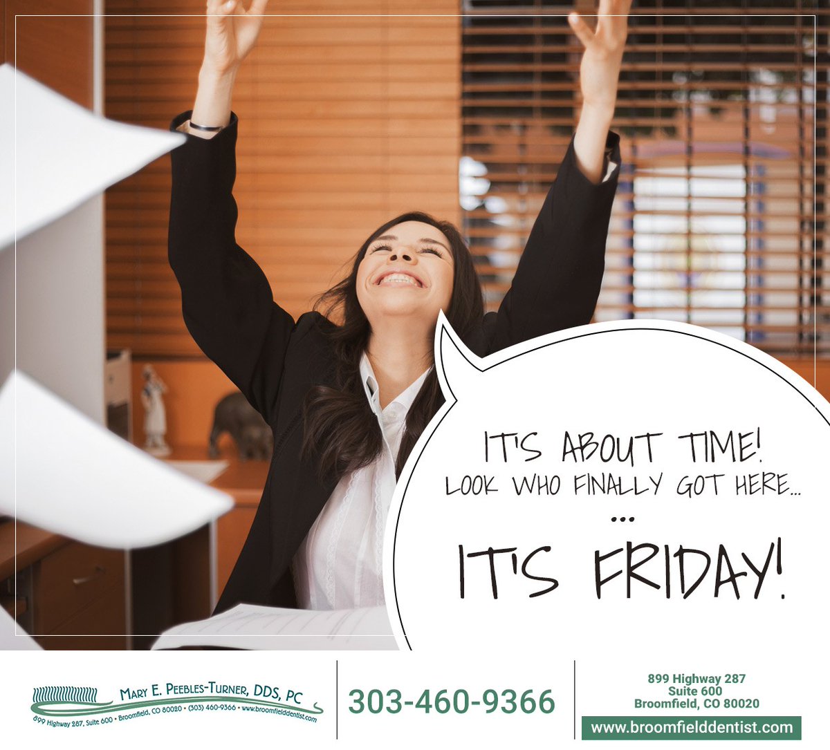 DrPeeblesTurner's tweet photo. Like if you’re relieved that Friday is finally here. What are your weekend plans? #weekend #broomfield #CO #maryepeeblesturnerdds https://t.co/PEEGecP988