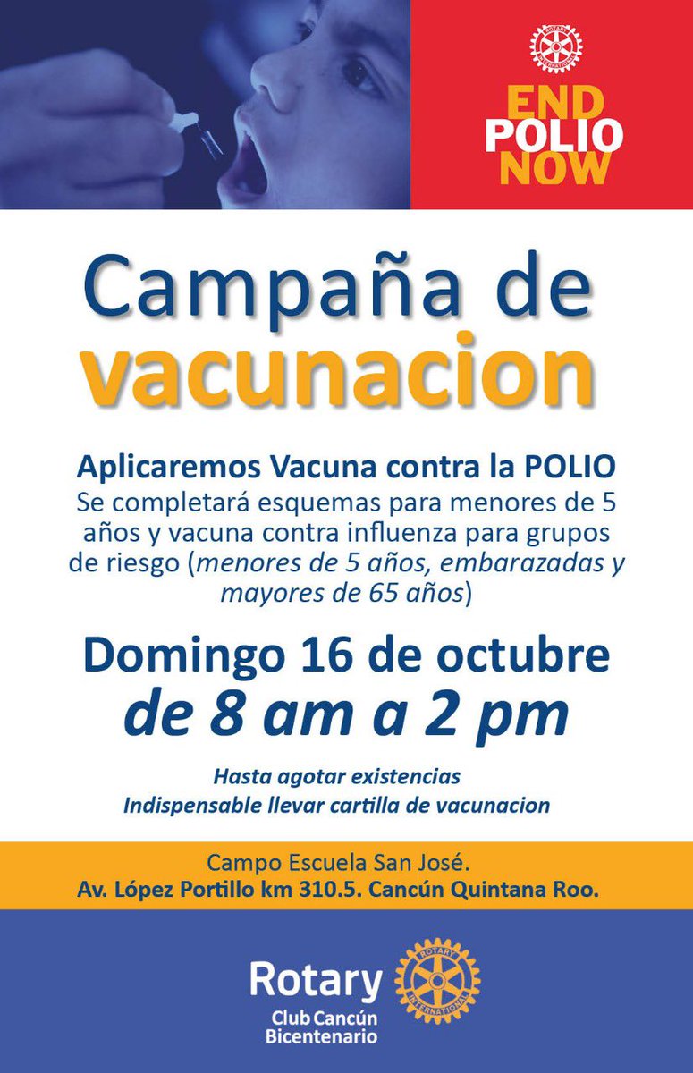 RotaryCancunB's tweet photo. #EndPolioNow  
Vacuna hexavalente para niños menores de 5 años la cual comprende: 
Difteria, tosferina, tétanos, haemophilus influenzae, hepatitis B y poliomielitis https://t.co/zRYD2O5elt