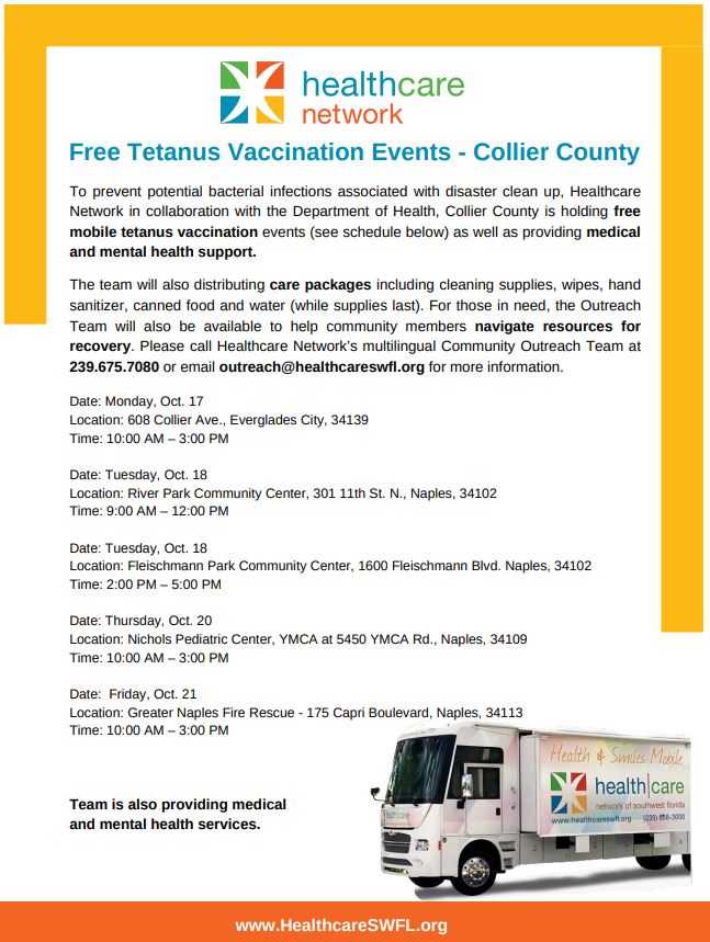 HealthyCollier's tweet photo. DOH-Collier warns residents working on post-storm clean-up efforts that they could be at risk for sustaining injury; especially if they are not up-to-date on their Tetanus vaccine.
DOH-Collier & @healthcareswfl will be holding Tetanus Vaccination Events this week.
#IanRecovery https://t.co/qaBOQOSQMF