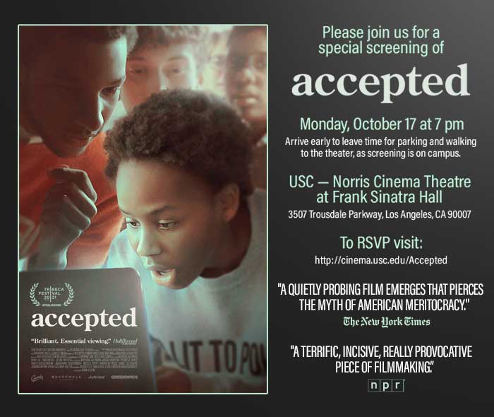 Hey, #LosAngelas! <a href="/POVdocs/">POV on PBS</a> <a href="/acceptedfilm/">Accepted</a> is coming to USC in Norris Cinema Theatre at the Frank Sinatra Hall on Monday, October 17 at 7 pm. All info for the screening + RSVP 👉 loom.ly/7wg7iNQ