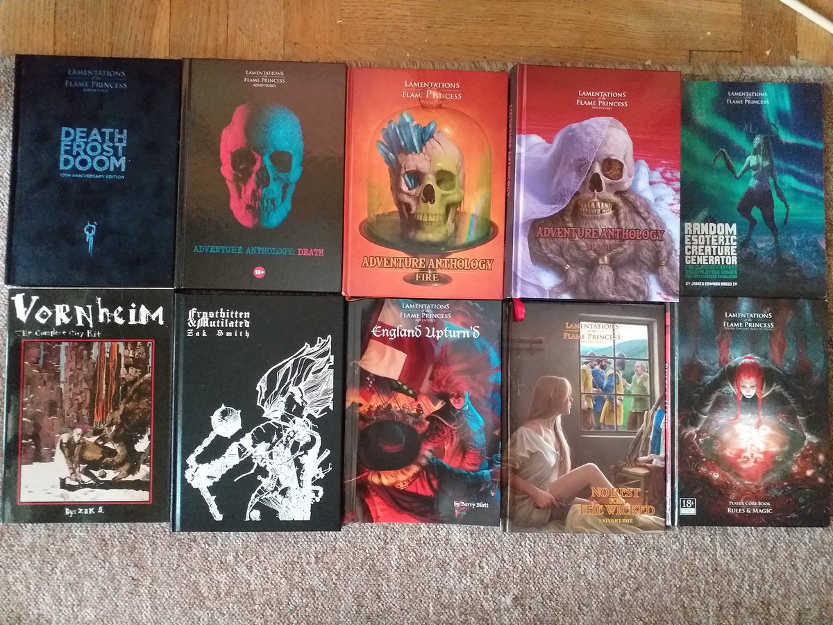Manifestopheles's tweet photo. My current collection of #LotFP books. Most of them newly in my possession, the rest I've had lying around for a while. Still wanna get the #RPGDay pdfs printed and bound (BTAM is one of the best modules I've read), but these puppies already cost me a small fortune.
#OSR #RPG https://t.co/cBspwZ2Khu