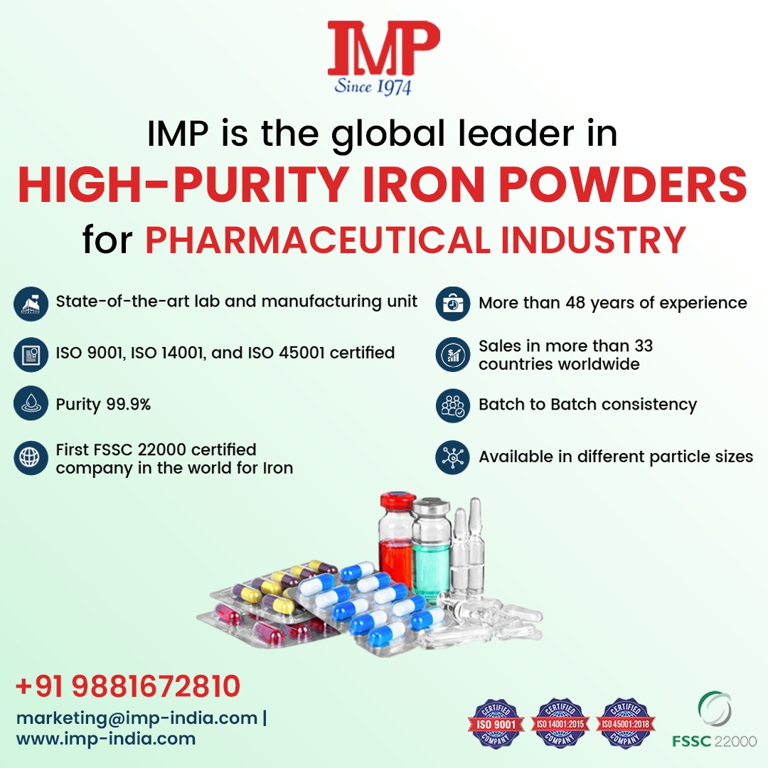 PowdersMetal's tweet image. IMP is the global leader in HIGH-PURITY IRON POWDERS for PHARMACEUTICAL INDUSTRY!

For more details contact us on +91 9881672810

imp-india.com

#IMP #IMPIndia #HighPurityIronPowder #Pharmaceuticals #WorldClassManufacturer #FSSC22000CertifiedCompany