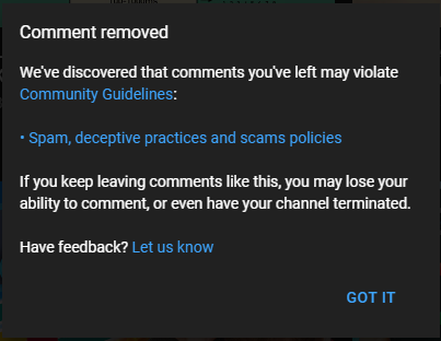ShadowVipers4's tweet photo. @YouTube This just popped up when I was browsing YT and now I'm super confused... Could you at least show me the comment that violated the guidelines? Otherwise how am I supposed to learn what I did wrong and how to avoid it going forward. https://t.co/szvmxMOUbj