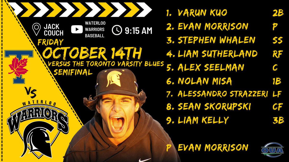 wloobsb's tweet photo. It's GO TIME!

The OUA Championship starts now! Evan Morrison takes on the Varsity Blues (@UofT_Baseball) as we look for a win to send up to the Championship game!

🆚 University of Toronto Varsity Blues
⏰ 9:15 AM
🏟 Jack Couch Park
📺 https://t.co/7ItXe9IkhW

#BuiltForBattle https://t.co/GVq8pXn1pU