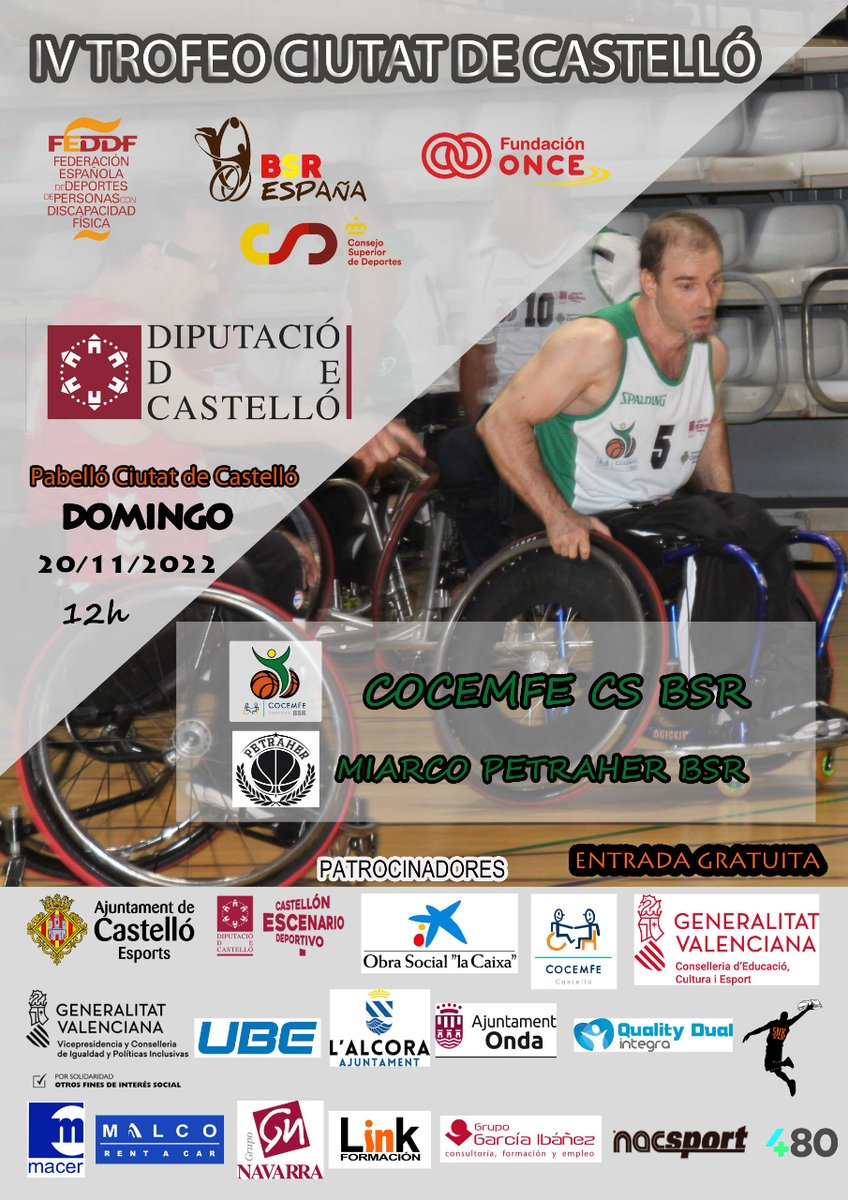 Desde la entidad queremos agradecer la concesión de la ayuda económica de 1.093,79 € para "Eventos Deportivos" por parte de la Diputació de Castelló que nos permitirá disputar el "IV Torneo Ciutat de Castelló" de Baloncesto Adaptado.
