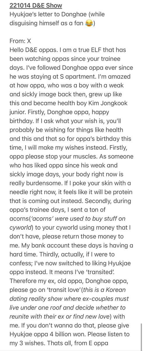 teukables's tweet photo. 221014 D&amp;E Show
Hyukjae’s birthday letter to Donghae (while disguising himself as a fan 😂) https://t.co/XWQIPeSpYw