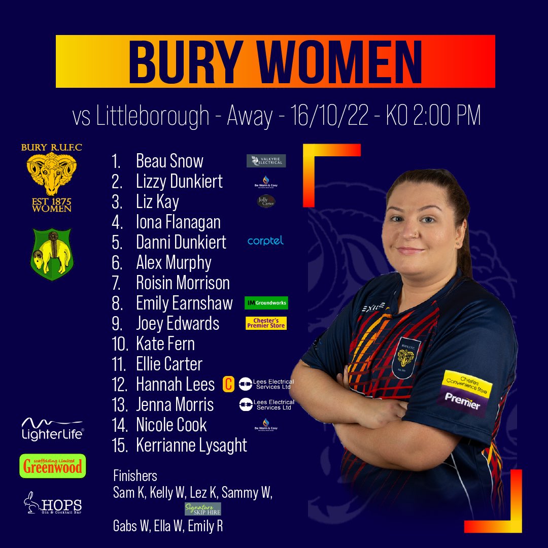 📢 Team News

Here is the team to face <a href="/LittleboroughRU/">Littleborough RUFC</a> in our away trip on Sunday. The rams make 4 changes to the starting line up.

#rugby #womensrugby #bury #uptherams