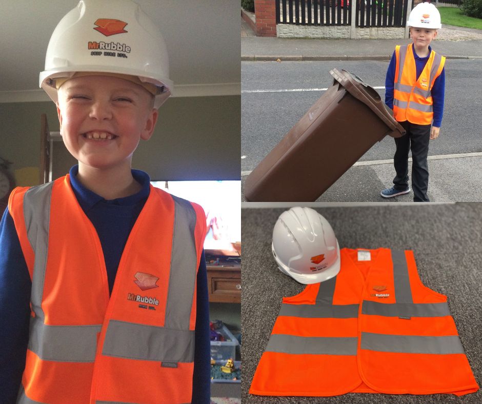 RubbleSkipHire's tweet photo. A parent recently contacted us to let us know his little boy loves seeing ours and @fletcherswaste skip wagons.
So, we got him his very own #MrRubble hi-vis and hard hat, which he absolutely loved. Thank you for being our number-one fan!
#skiphire #sheffield https://t.co/wlz5azzfjP
