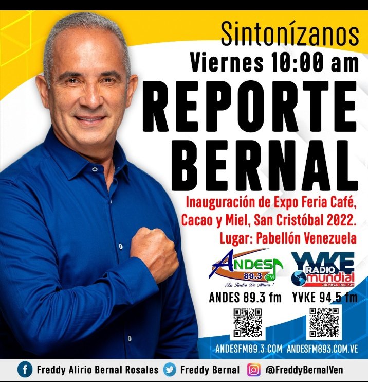 🎙️En vivo desde La Inauguración de la Expo Feria de Café, ☕️ Cacao y Miel, #ReporteBernal 📻 con nuestro Gobernador <a href="/FreddyBernal/">Freddy Bernal</a> y el afrodescendiente de la Comunicación <a href="/arguelloyepfri/">Yepfri Arguello</a>. 

¡No Te lo Pierdas!

<a href="/Gob_Tachira/">Gobernación del estado Táchira</a>
<a href="/BermudezJoseA/">Bermúdez José</a> 
@Tachira_Clap
