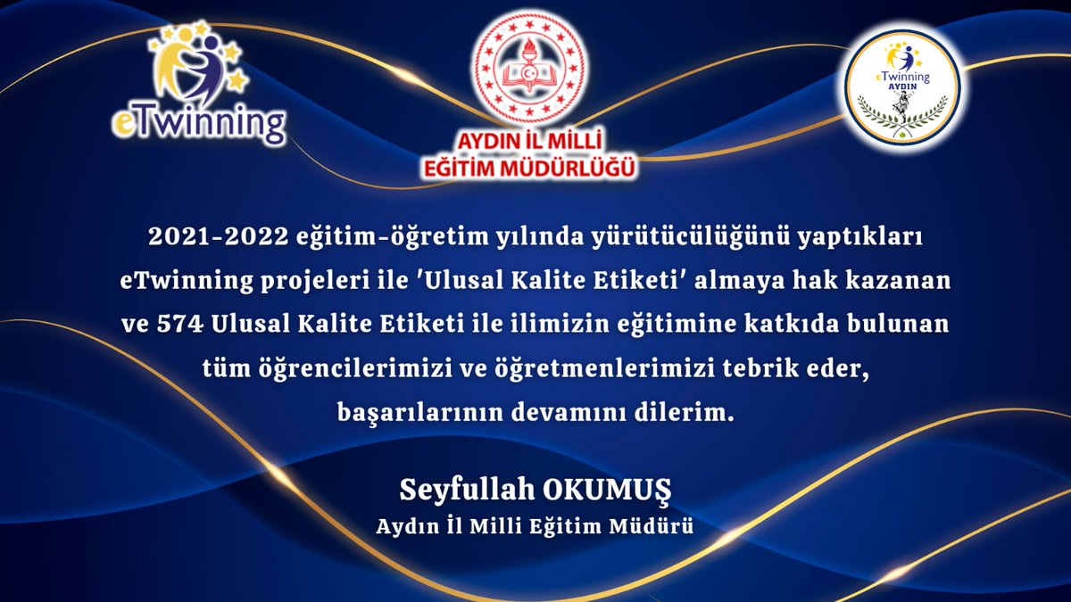 Özverili ve başarılı çalışmalarıyla 574 eTwinning Ulusal Kalite Etiketini ilimizin eğitimine kazandıran tüm öğrencilerimizi, öğretmenlerimizi ve okul yöneticilerimizi tebrik eder, başarılarının devamını dilerim.

<a href="/tcmeb/">Millî Eğitim Bakanlığı</a>
<a href="/mebyegitek/">Yenilik ve Eğitim Teknolojileri Genel Müdürlüğü</a>
<a href="/ValiAKSOY/">Hüseyin AKSOY</a>
<a href="/tretwinning/">eTwinning Türkiye</a>

#HerŞeyAydınİçin🇹🇷