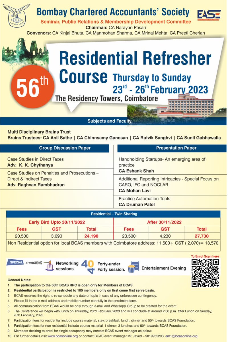 bcasglobal's tweet photo. BCAS is pleased to announce its flagship event, the 56th Residential Refresher Course (RRC), to be held in February 2023.

Venue: The Residency Towers, Coimbatore 

Dates: Thursday 23rd Feb to Sunday 26th Feb, 2023

Link for Online Enrollment: 
https://t.co/MY2VU9WfHA

#BCASRRC https://t.co/f7eJtoN9dq