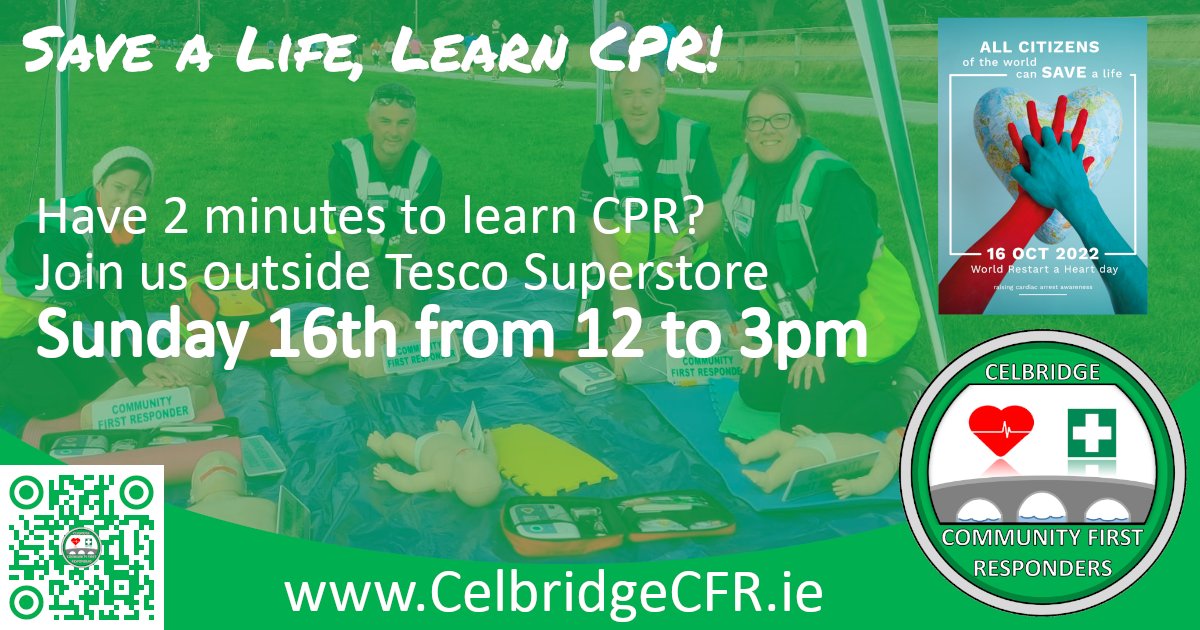 CelbridgeCFRs's tweet photo. International Restart a Heart day is this Sunday, October 16th.
Join our responders outside Tesco Superstore to learn CPR. It only takes a couple of minutes, and you never know when the life-saving skill might be needed.
Stop by, say hello, learn CPR, find out all about us! https://t.co/vEAgCDV6P5