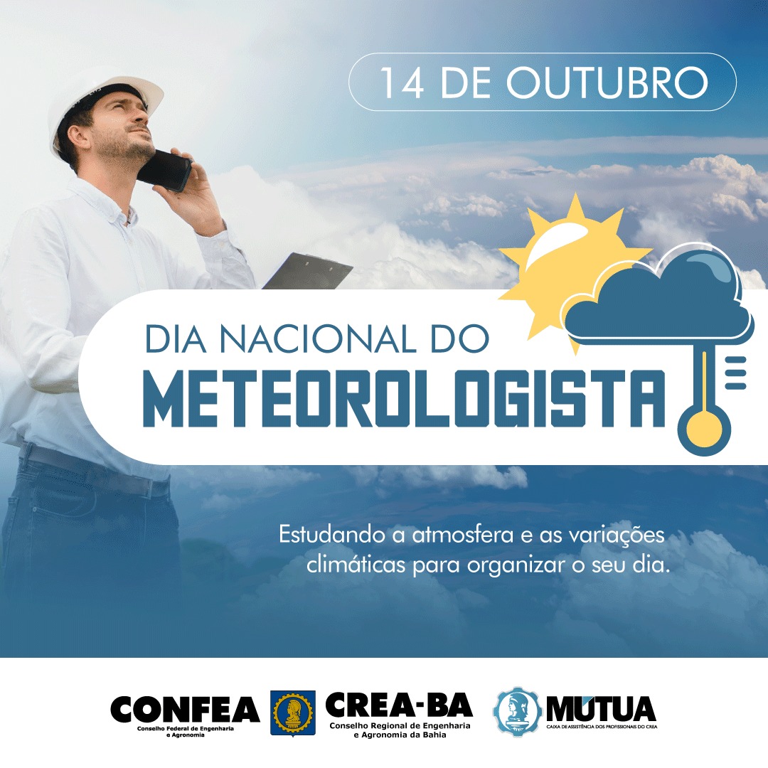 CreaBahia's tweet photo. ⛅️ Em homenagem ao Dia Nacional do Meteorlogista, comemorado anualmente no dia 14 de outubro, o Crea-BA faz questão de parabenizar todos esses profissionais, que são fundamentais no estudo e análise das condições climáticas.
#CreaBA #UmSóCrea #Confea #DiaDoMeteorologista https://t.co/E4YVVvubuB