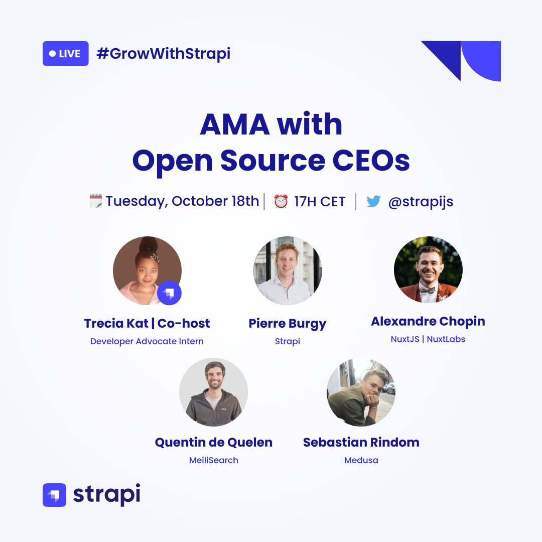 A new #TwitterSpace is coming!🔥 In this space, we have invited the CEOs from #Strapi, @nuxt_js, @meilisearch & @medusajs to discuss how these technologies came to be and what's coming! 🎤@TreciaKS @pierre_burgy @IamNuxt @Quentin_dQ @sebrindom strp.cc/3yHHbsx