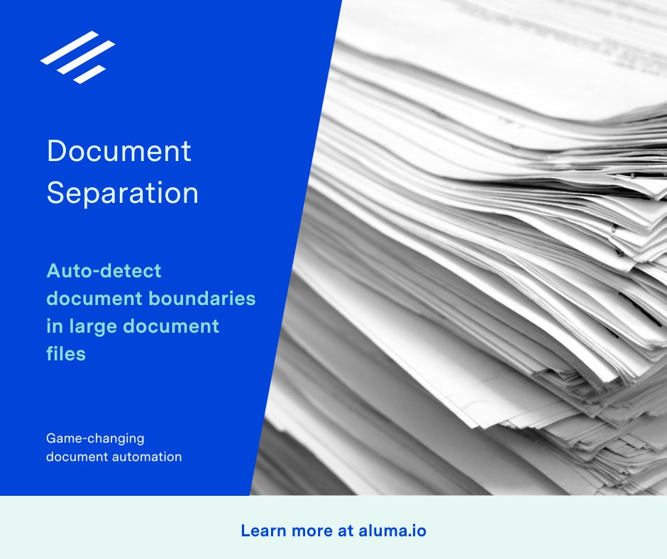 aluma_io's tweet image. Bring structure to old records and allow new documents to be scanned without manual separation. Learn more: bit.ly/3rNFeal

#documentseparation #intelligentdocumentprocessing #autodetection