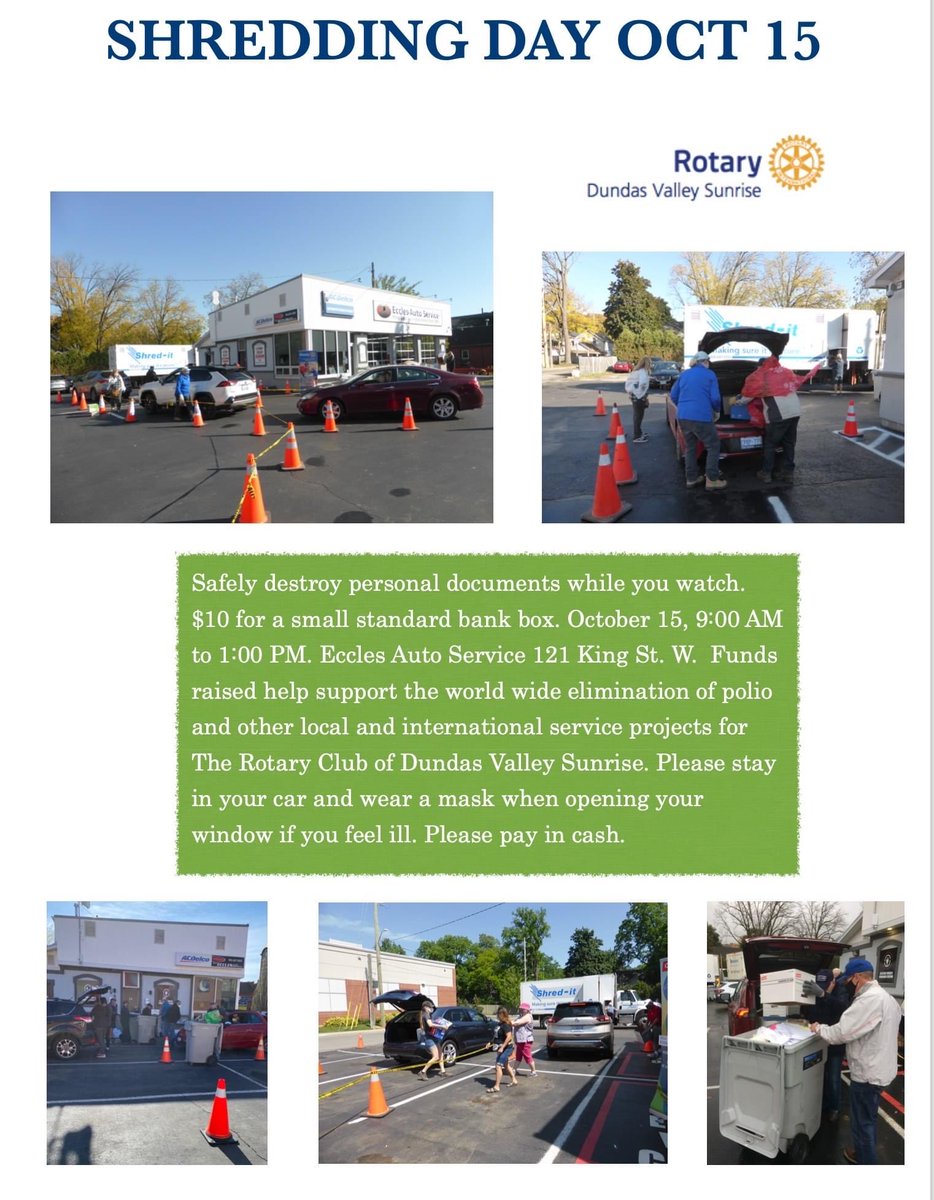MacDrPhil's tweet photo. Shredding Day in Dundas is tomorrow, Oct. 15th at Eccles garage. Safely shred your documents and help support Rotary in Dundas. https://t.co/hiaRSEXMUz