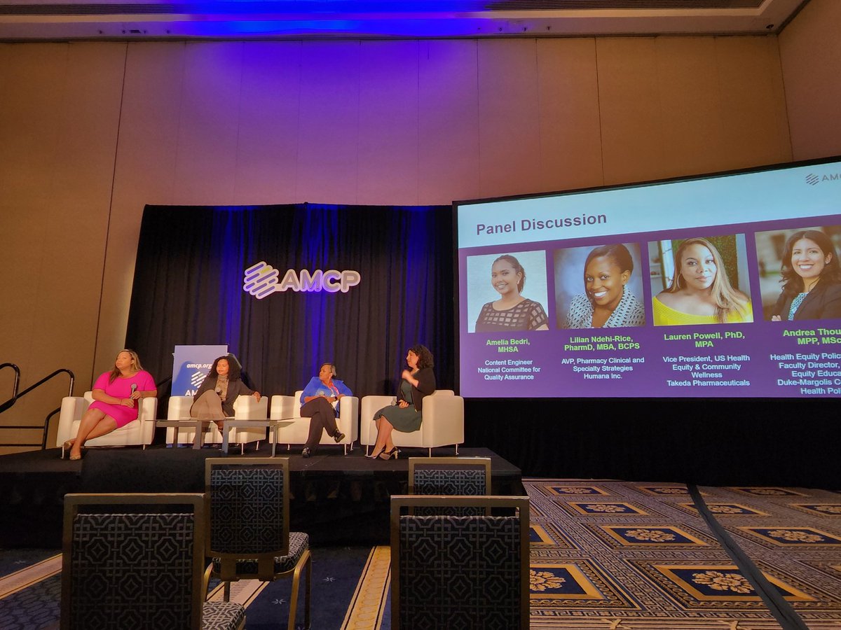 rl_harrington's tweet photo. Exciting #AMCPNexus panel on "Best Practices in Addressing Health Disparities"  with speakers from @TakedaPharma @Humana @DukeMargolis &amp; @NCQA 's Amelia Bedria talking programs and actions to improve equitable data, health care &amp; outcomes https://t.co/FwhcoUDhme