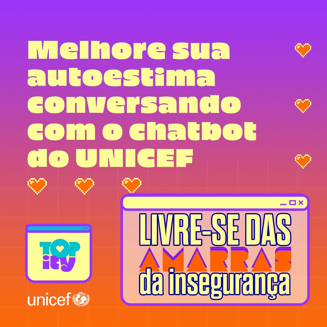 unicefbrasil's tweet photo. Sabe aquela vez que vc deixou de ir em um lugar pq sentiu vergonha do seu corpo? É sobre isso que a gente quer falar contigo. Entra no Topity agora e descubra como ser mais feliz e colecionar memórias incríveis! Acesse: https://t.co/WpDXXk7qhi
#Topity #CurtaQuemVcÉ #Autoestima https://t.co/jk85bNpPVj