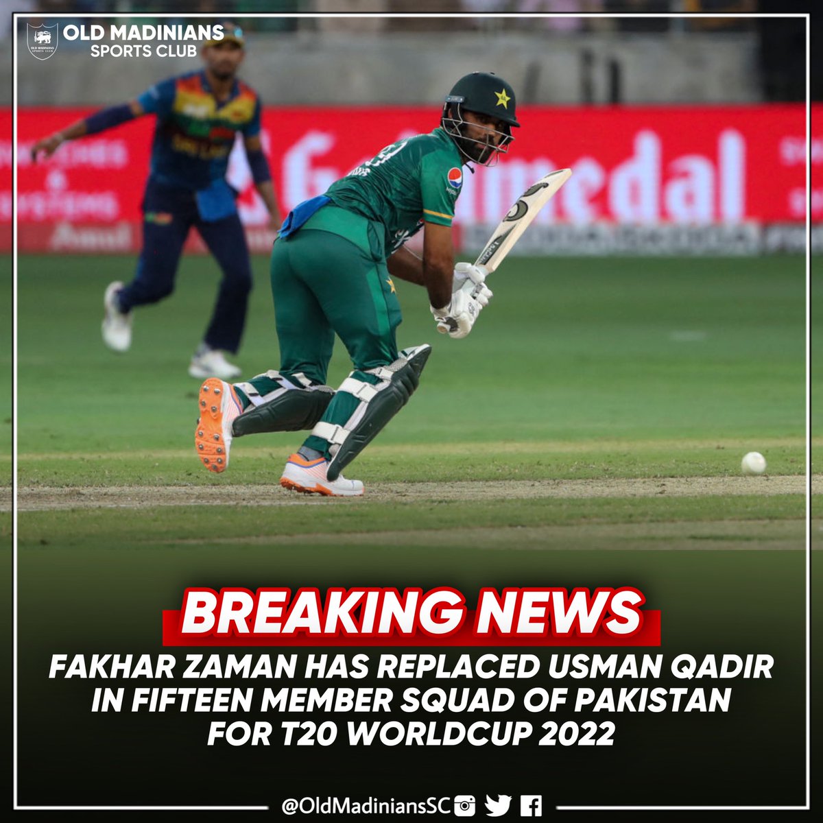 OldMadiniansSC's tweet photo. Pakistan have made a change to their squad at the ICC Men's T20 World Cup with experienced batter Fakhar Zaman promoted into the 15-player squad for leg-spinner Usman Qadir. #T20WorldCup https://t.co/XDwPAjeZzQ