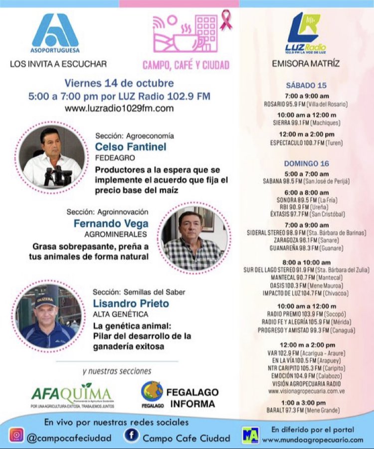 Invitamos a escuchar este Viernes #14Octubre 5:00pm a 7:00pm el programa de radio Campo, Café y Ciudad 
<a href="/campocafeciudad/">campocafeciudad</a>
que transmite <a href="/LUZRadio/">LUZ Radio 102.9... La voz de LUZ</a> 102.9FM conducido por
<a href="/WernerGutierrez/">Werner Gutierrez Ferrer</a>
Ver por <a href="/instagramlive/">Istagram Live</a> instagram.com/campocafeciuda…
