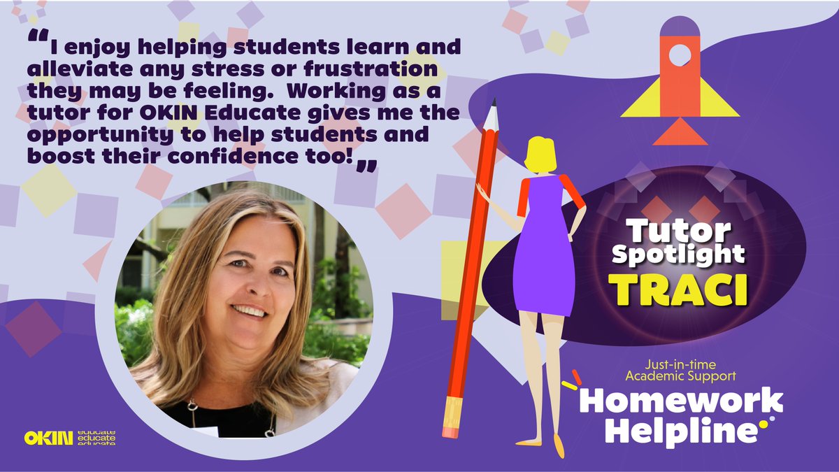 OKINeducate's tweet photo. We love hearing from our tutors about how they enjoy working with students on the Homework Helpline! So each month, we're giving tutors the opportunity to share their experience in the Tutor Spotlight!

This month's tutor in the Tutor Spotlight is Traci!

 #tutors #students https://t.co/Xq9Q0wxKpv