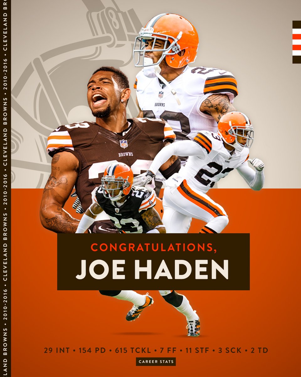 Browns's tweet photo. Congrats, @joehaden23! 

One of the greatest CBs in our franchise's history is signing a 1-day contract to officially announce his retirement from football. Thank you for all you've done for our city 🧡 https://t.co/w1AGLtNHDL