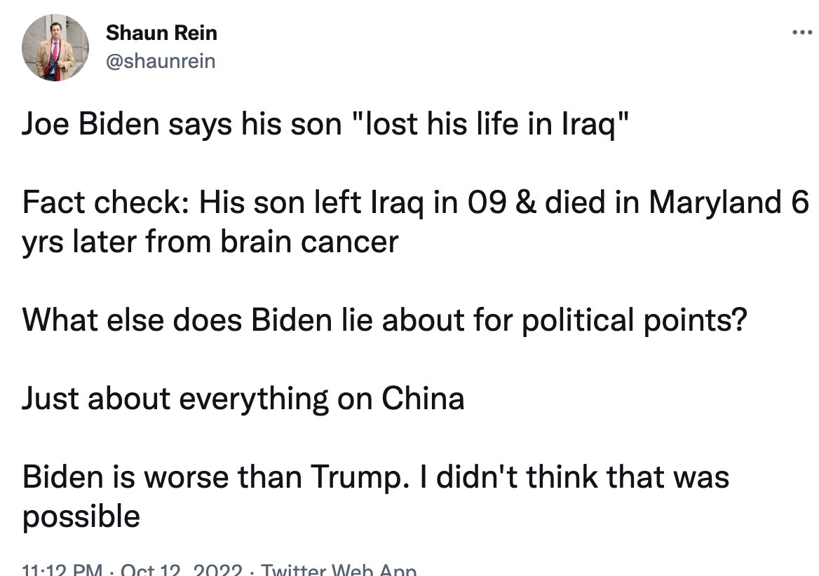 The CCP congratulated me for this tweet and gave me a $250 bonus. They loved how I took Biden's comment completely out of context, ignoring how he (for years) and many others think his son Beau did "lose his life in Iraq." I'm a psychopath. 

pbs.org/newshour/healt…