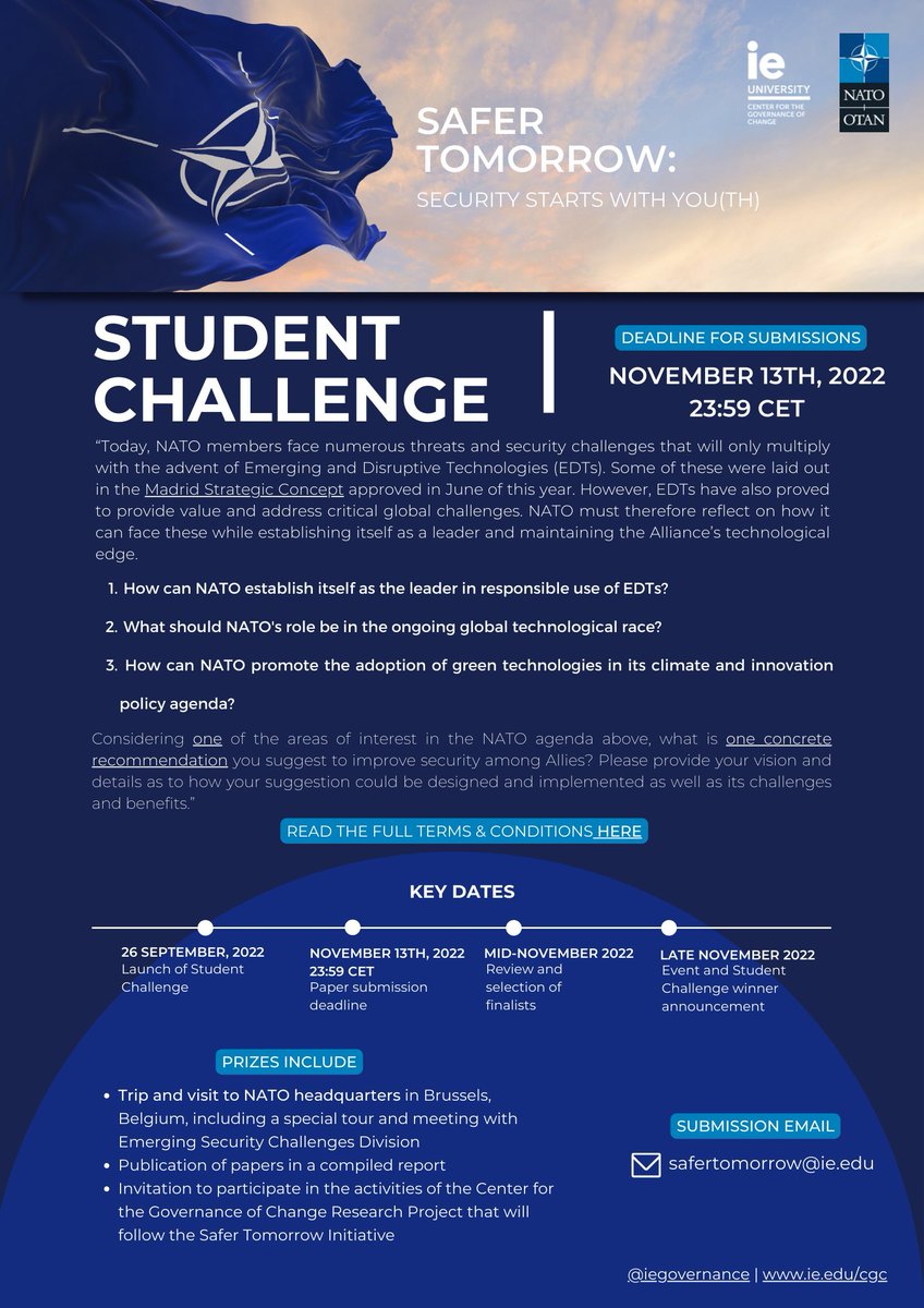 daroto's tweet photo. 📢STUDENT CHALLENGE📢 
@ieGovernance
 &amp; 
@NATO
  
Are you a bachelor or master student interested in defense, security and/or international relations? 

Send us your papers on the interconnection between emerging tech &amp; international security!

Deadline for submissions: 13.11.22 https://t.co/wy4D231jDA