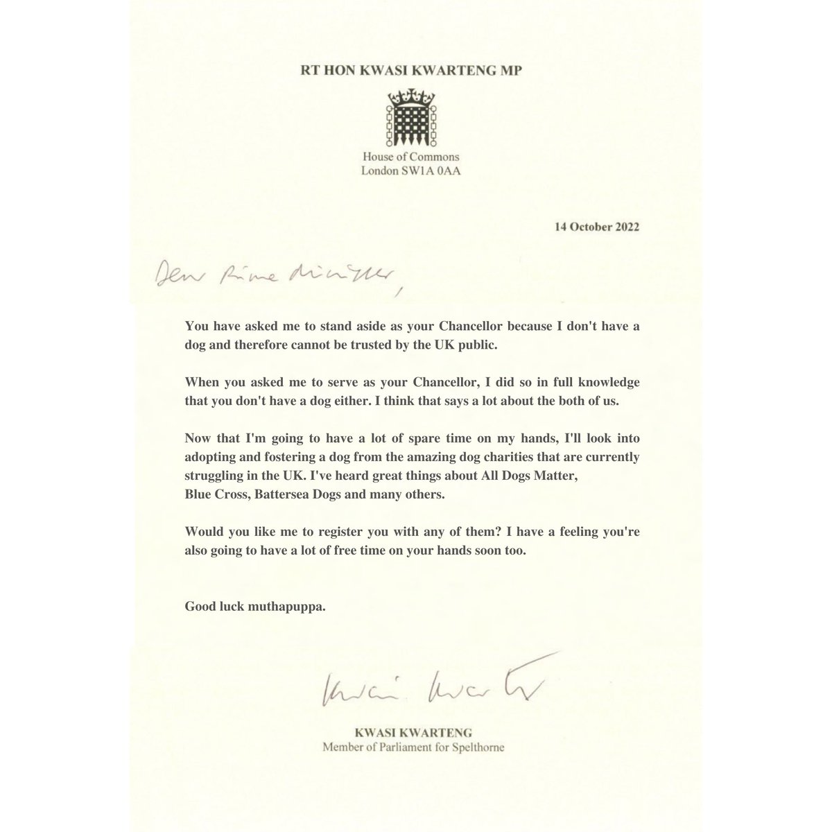 muthapuppa's tweet photo. We’ve just received a leaked copy of Kwasi Kwarteng’s real resignation letter!! #KwasiKwarteng #liztruss #resignationletter #conservatives #labour #dogs #muthapuppa https://t.co/VINQkLEjvI