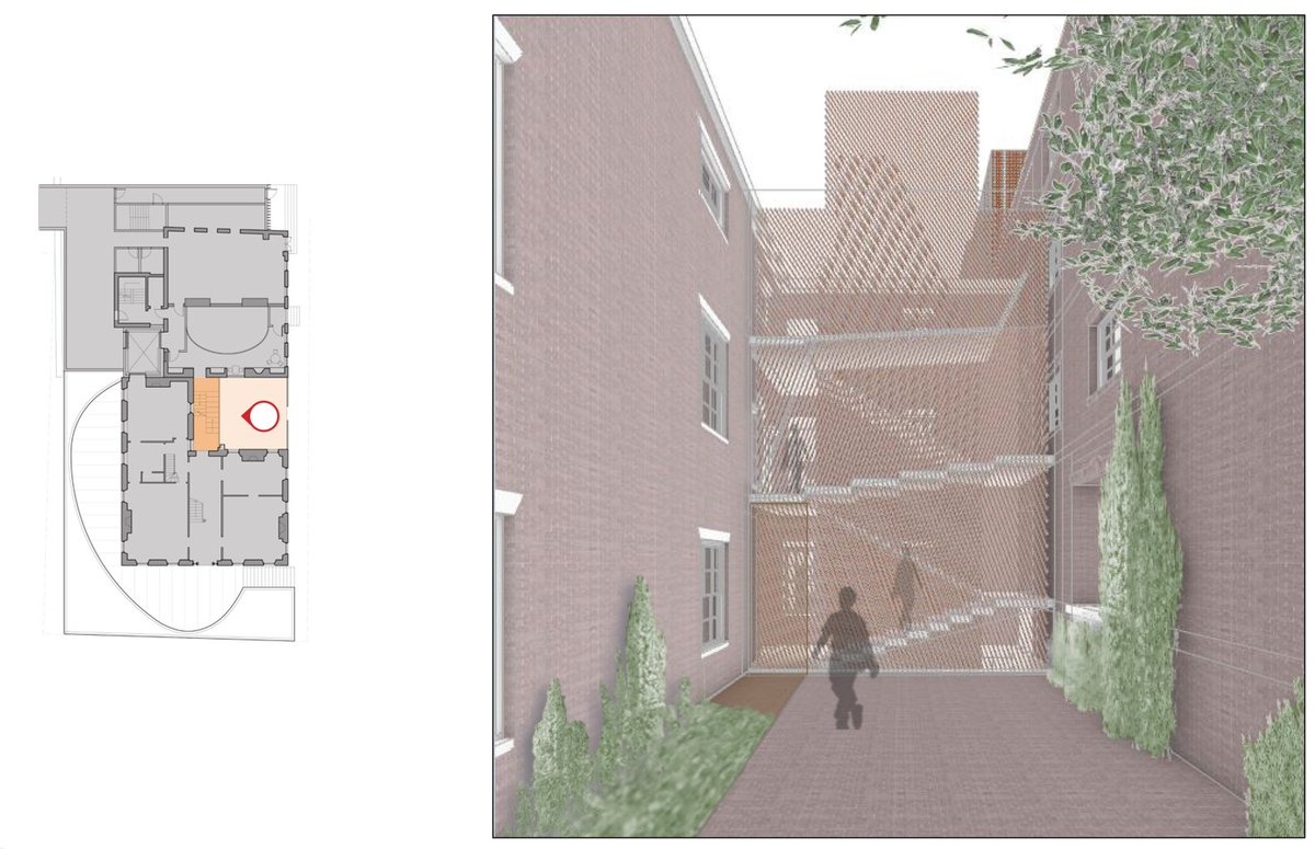 The @NADAAAinc  vision for #OtisHouse gently adapts the existing courtyard with a transparent stair column that bridges the differing floor levels between the 18th-century mansion and its companion mid-19th century row houses. An elevator is added for accessibility. #HNESummit