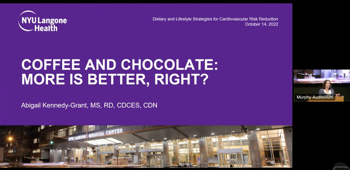 Great sessions this morning at @NYUCVDPrevent annual Dietary and Lifestyle CME program ! #Chocolate #Coffee Abigail Kennedy-Grant MS, RD @nyugrossman