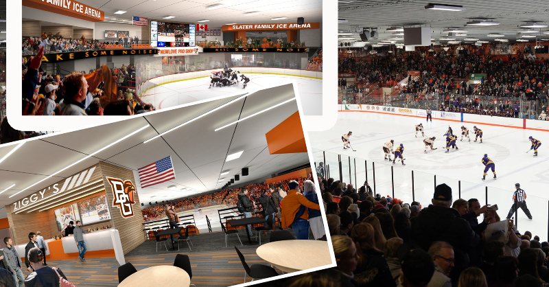 BGSUHKY's tweet photo. Bowling Green officially announces upcoming renovations to the Slater Family Ice Arena. The various projects include a new mezzanine on the south end of the main rink, private suites, concessions, a club room and additional spectator seating. #AyZiggy 🟠🟤

MORE INFO ⬇️