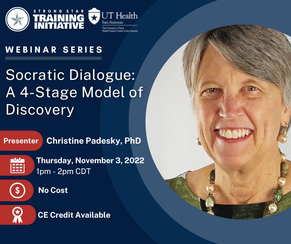 Don't miss your chance to register for our next #webinar, "Socratic Dialogue: A 4-Stage Model of Discovery" presented by Christine Padesky, PhD, on November 3rd! (This event will not be recorded.)

For more information, click the link below: uthealthsa.zoom.us/webinar/regist…