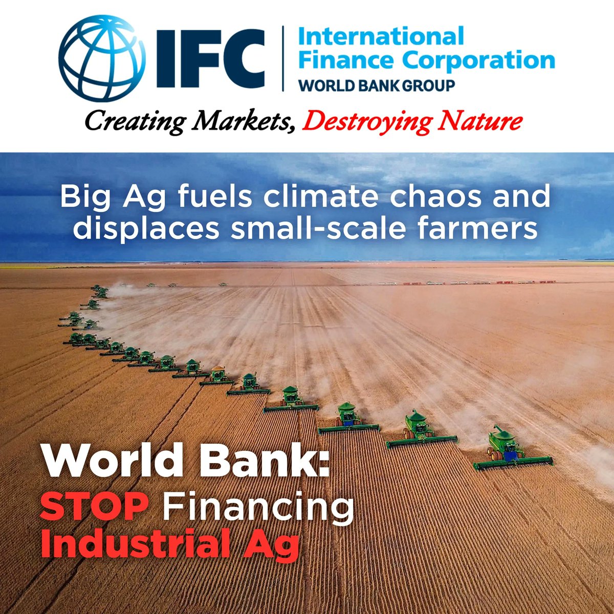 We are joining with 130+ groups to call on the <a href="/WorldBank/">WorldBank</a> &amp; its private sector arm <a href="/IFC_org/">IFC</a> to stop using public funds to finance industrial ag which fuels the climate crisis &amp; undermines food sovereignty. #StopFinancingFactoryFarming #FoodNotFeed farmlandgrab.org/post/view/31179