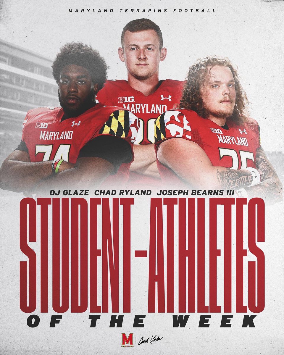 TerpsFootball's tweet photo. Congrats to our Student-Athletes of the Week! 

@Drglazejr, @C_Ryland38, @JoeBearns 

#TBIA https://t.co/S8muoVy1U1