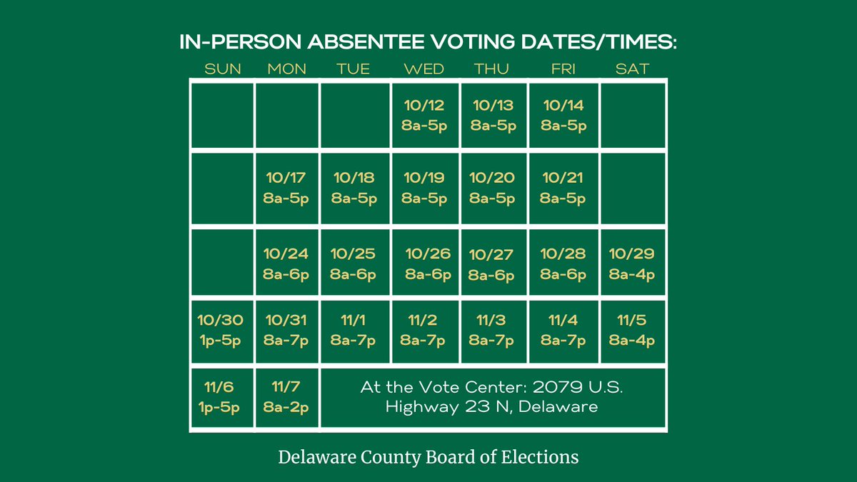 delcoboe's tweet photo. Save this pic and you'll have a handy guide to our Vote Center's early, in-person voting hours!
#delcovotes https://t.co/r2iB82zUfZ