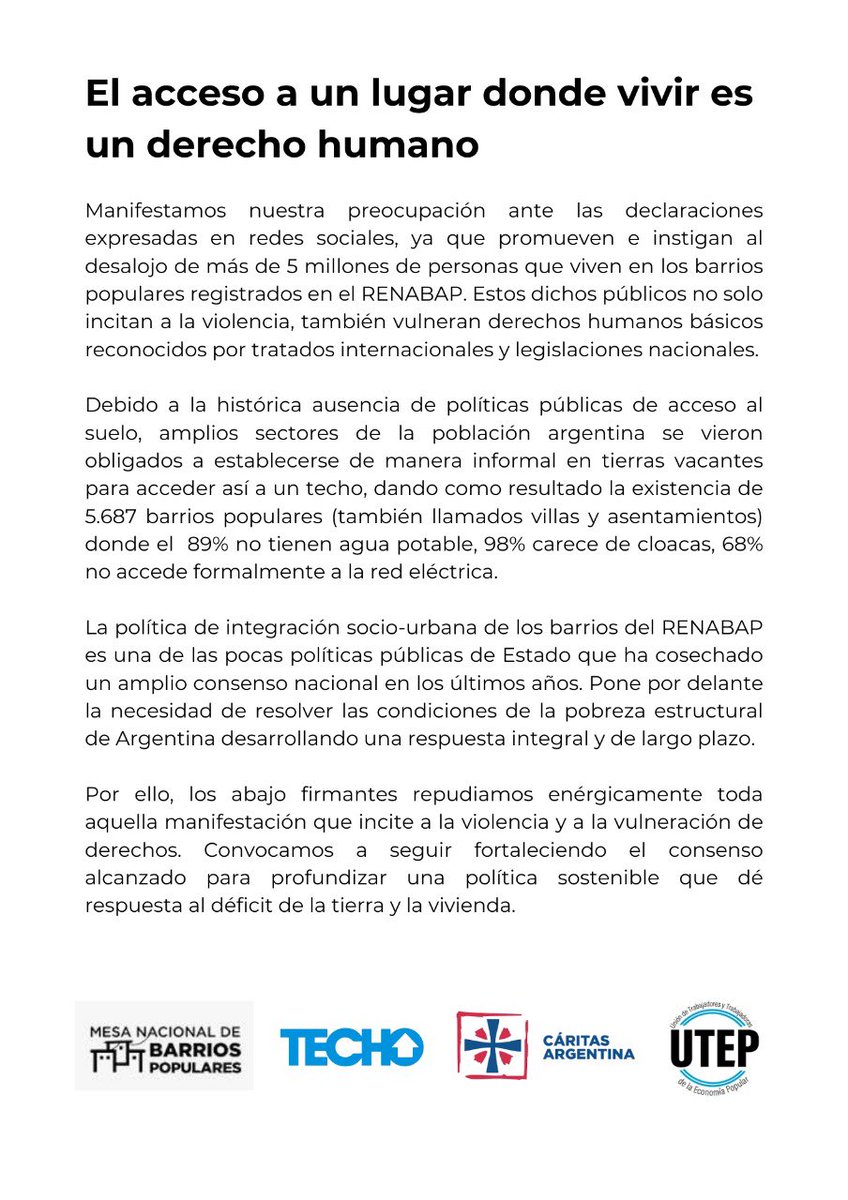 Manifestamos nuestra preocupación ante las declaraciones expresadas en redes sociales que promueven el desalojo de más de 5 millones de personas que viven en los barrios populares, ya que incitan a la violencia y vulneran derechos humanos básicos.