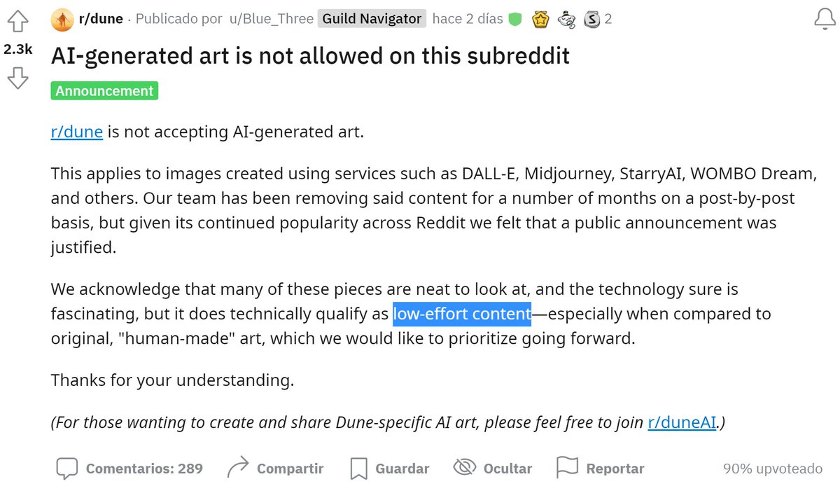 DotCSV's tweet photo. Interesante. En Reddit y otras plataformas, hay subforos donde se está empezando a banear todo el contenido generado con IA, bajo un término que creo que irá ganando tracción y escucharemos más y más: 

👉 "Low-effort content"

O lo que es lo mismo, contenido de poco esfuerzo. https://t.co/FNOkcgQAAN