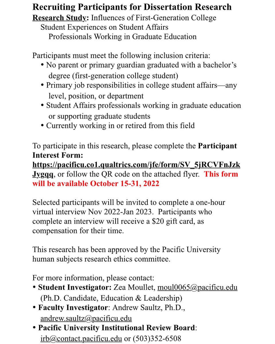 Participants needed for research study ‼️

To participate in this research, please complete the Participant Interest Form:     pacificu.co1.qualtrics.com/jfe/form/SV_5j… 

The form will be available October 15-31, 2022. 

#studentaffairs #graduatestudents #acpa