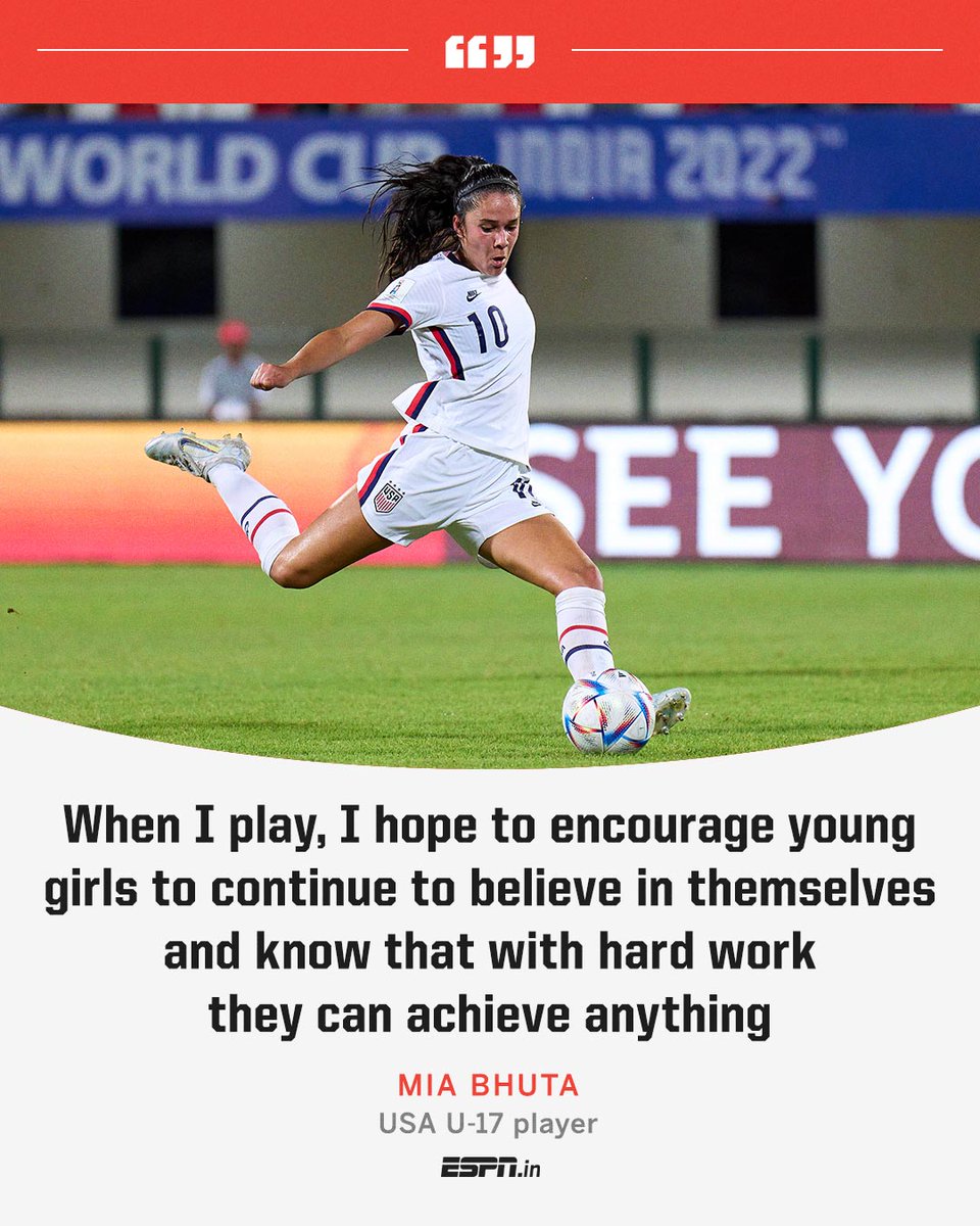ESPNIndia's tweet photo. Mia Bhuta's super strike at the U-17 Women's World Cup got her congratulatory messages from across the world, including young girls from India.

She hopes to continue inspiring 👏 https://t.co/HQxkMIjsvc #U17WWC https://t.co/jZi0YG7NLD