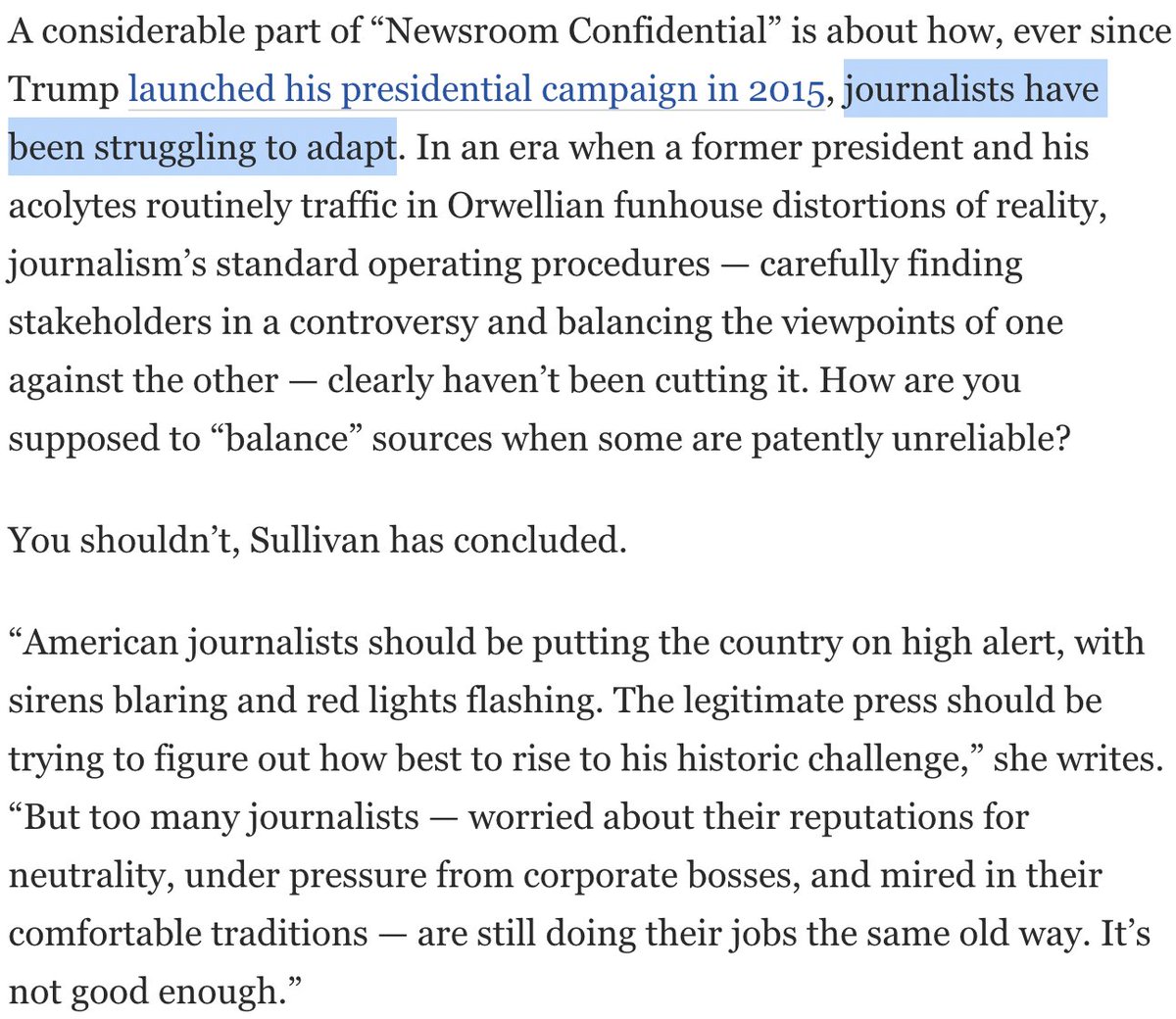 From a review of a new book about American journalism by @sulliview, with whom I am in full agreement. washingtonpost.com/books/2022/10/… Too many journalists, worried about their reputations for neutrality, are still doing their jobs the same old way. 'It’s not good enough.'