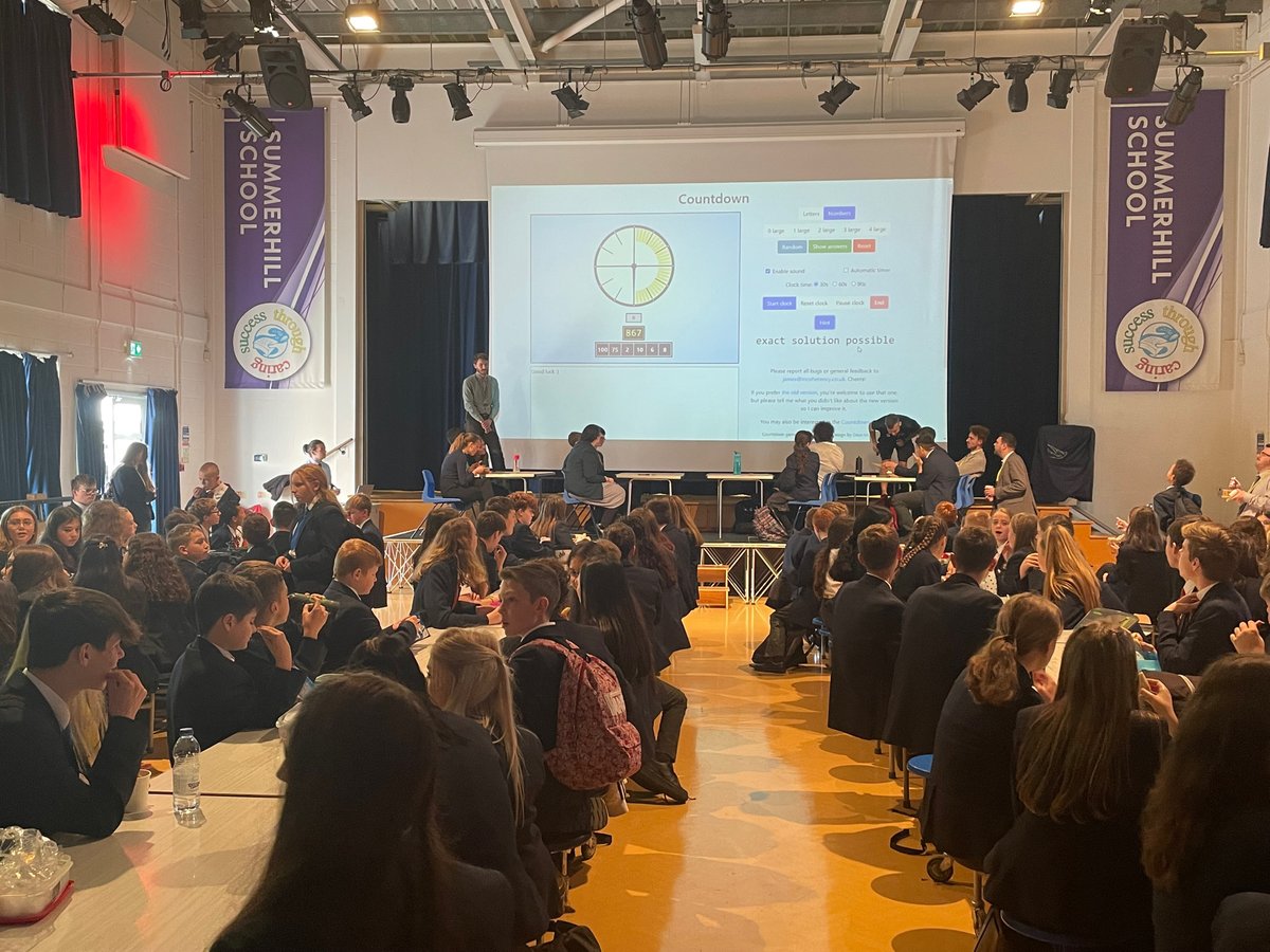 SummerhillSch's tweet photo. What a fantastic way to spend lunch, with over 300 students watching the second round of Countdown! A win in literacy for Orion 🔴and a win in numeracy for Draco 🟢 #proud 👏🏻 https://t.co/jdSIDIkCfP