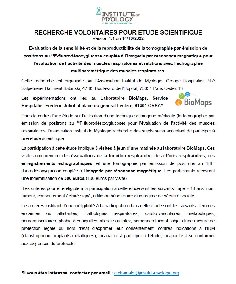 Nous recherchons des volontaires pour une étude sur les muscles respiratoires. Promoteur : <a href="/Inst_Myologie/">Institut de Myologie</a> Lieu : laboratoire  #BIOMAPS <a href="/UnivParisSaclay/">Université Paris-Saclay</a> <a href="/CEAParisSaclay/">CEA Paris-Saclay</a> <a href="/Orsaynotreville/">Ville d'Orsay</a> <a href="/agglopariSaclay/">Agglomération Paris-Saclay</a> . Info dans l'annonce ci-dessous ! RT :-)