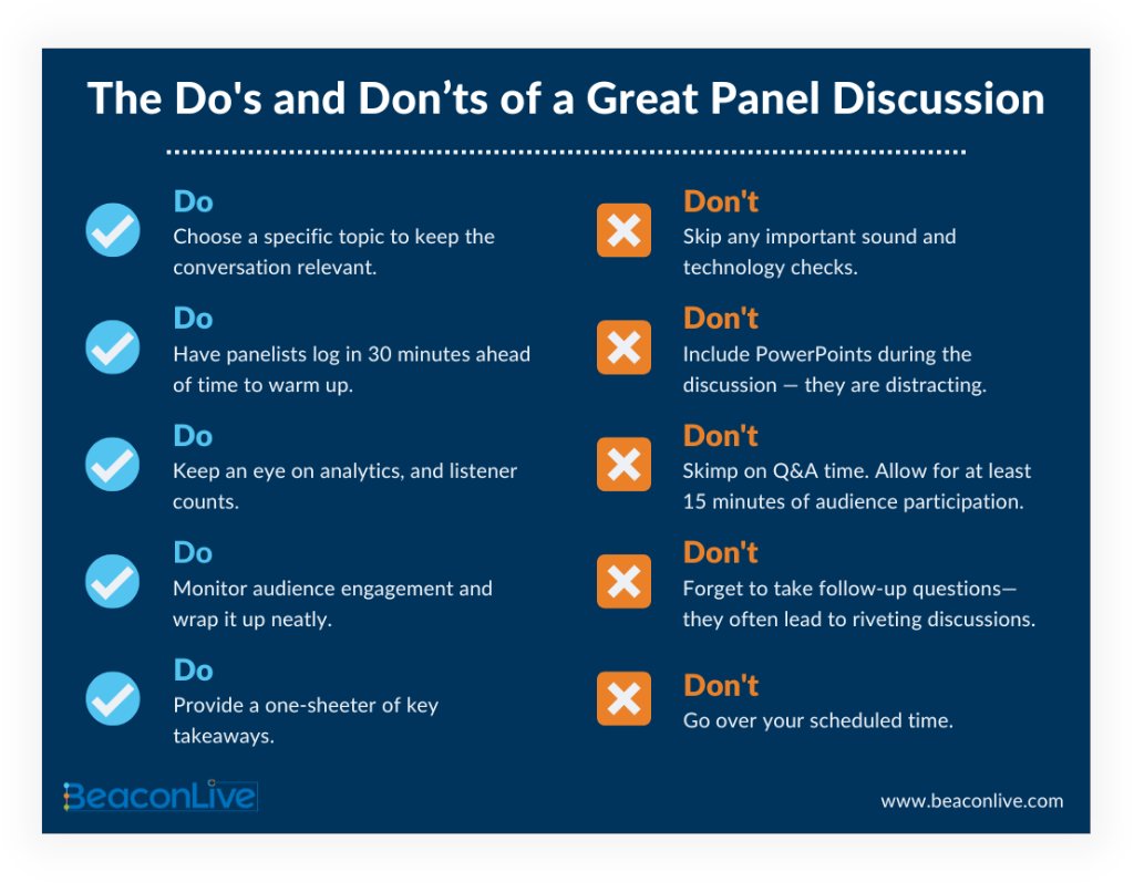 Let’s look at what makes a great panel discussion and some do’s and don'ts of hosting a virtual event. #PanelDiscussions #VirtualEvents #BeaconLive

Read the full article here: hubs.ly/Q01psK3d0