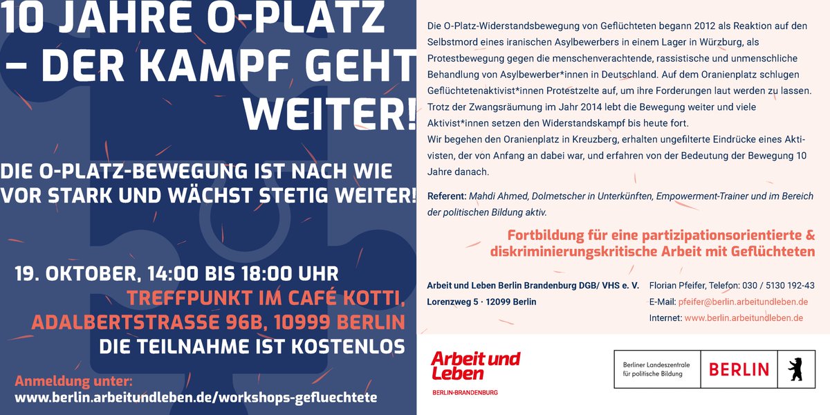 Workshops für eine partizipationsorientierte und diskriminierungskritische Arbeit mit Geflüchteten: 10 Jahre O-Platz
⏰ am 19. Oktober von 14 bis 18 Uhr
🪑 Treffpunkt im Café Kotti in Berlin-Kreuzberg
💶 die Teilnahme ist kostenlos
👉Anmeldung unter:
berlin.arbeitundleben.de/workshops-gefl…