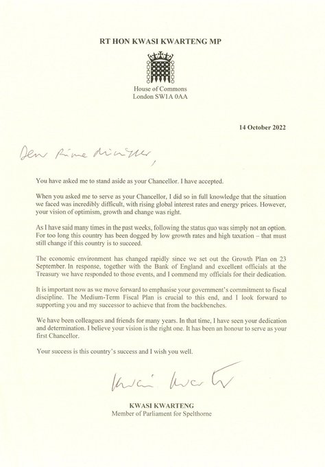Her letter says he chose to resign and praises his "decision". His letter says she asked him to "stand aside". What really happened? 

It probably doesn't matter. But it shows this lot can't be trusted. They can't even get a sacking right.

#KwasiKwarteng #Sacked #GTTO