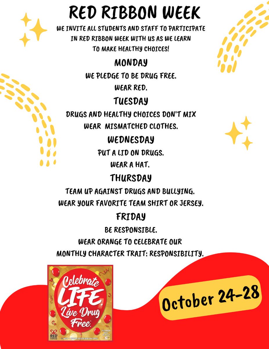 Mark your calendars! Red Ribbon Week is October 24th - 28th!